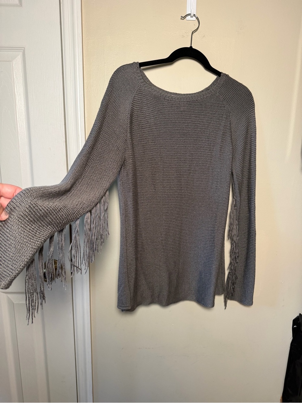 Gray Fringe Sleeve Knit Sweater Boho Tassel Trim Top
